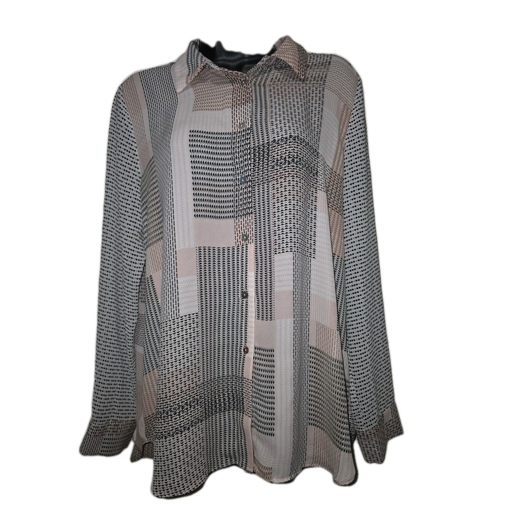 Rose+Olive Women's SzL Blouse  Button Front Career Collared Color Block‎